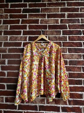ODDY Floral V-Neck Long Sleeve Blouse - White, Pink & Yellow